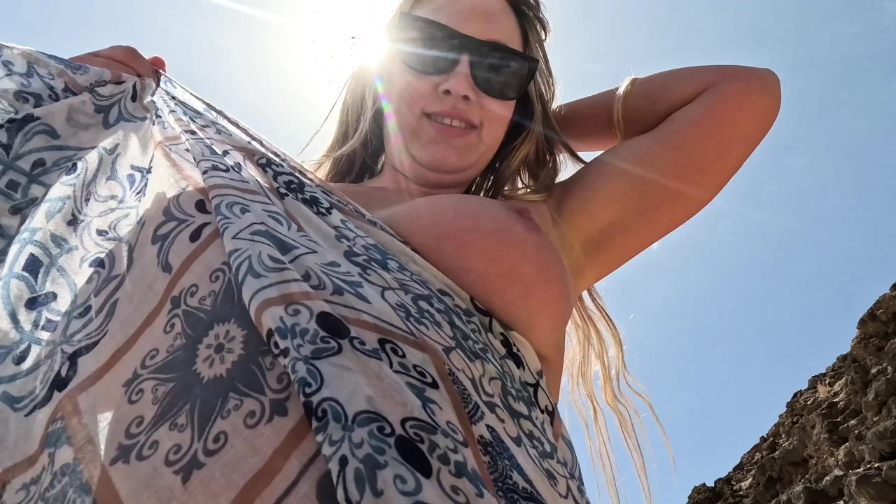 Nudist Girl Playing with Pussy and Tits on the Public Beach