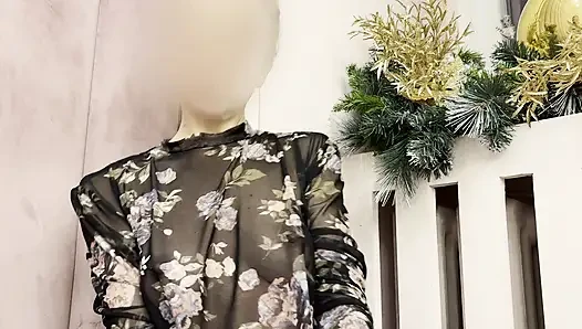 Trying my new sheer blouse in a caffe, showing my hard pierced nipples in public.