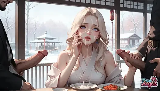 Kimono krem damlayan karlı bir kafede seksi, edepsiz baştan çıkarma - azgın, sert porno!