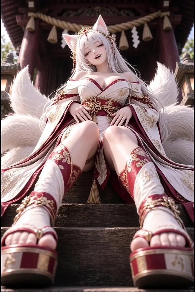 3d anime kitsune tapınak merdivenlerinde mastürbasyon yapıyor ve siklerine biniyor