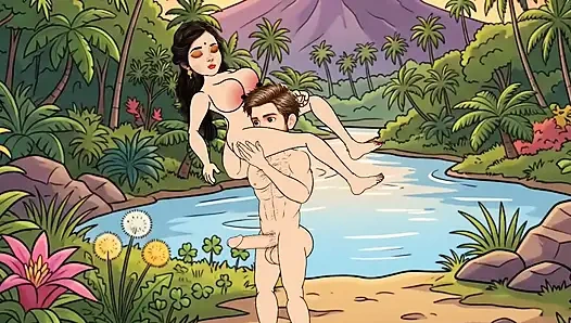 Man fucks woman with big cock in the forest, woman is very happy.