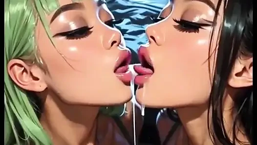 Ateşli seksi lezbiyenler dil ve öpücük fetişi, ai animasyon