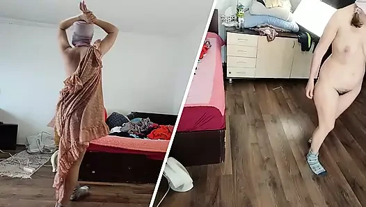 Amateur wife dancing naked at home. Amateur woman has fun trying on clothes and cutting them.