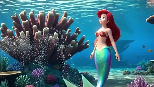 Şehvetli olgun Ariel uzun insan bacakları ve fantezideki zarif pozlarla büyülü sualtı mağarasını keşfediyor