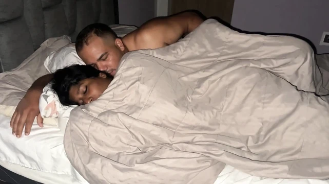 Stepdad wakes up in his stepdaughter's bed and fucks her filling her pussy with cum.
