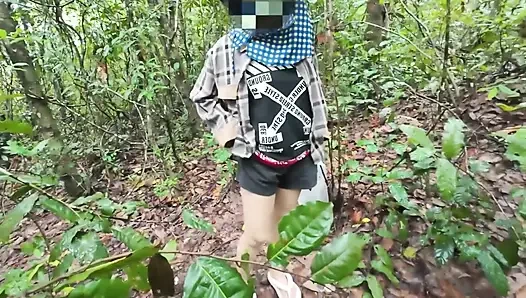 Thai girl walks and brags about picking mushrooms anyway, peeing in the forest Thai Voice