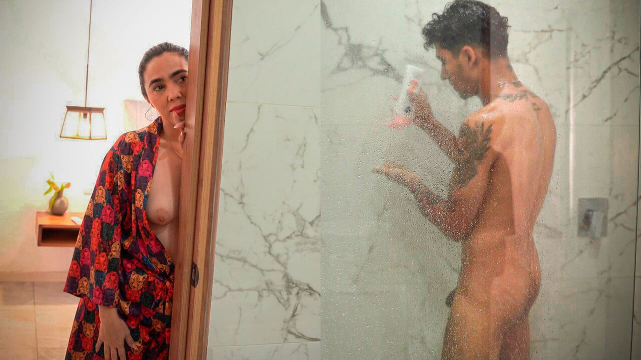Big ass stepmom ends up fucking her skinny stepson after snooping on him in the shower