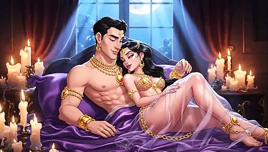 Erotik çizgi film çift - tutkulu öpüşme ve mum ışığında romantik ön sevişme