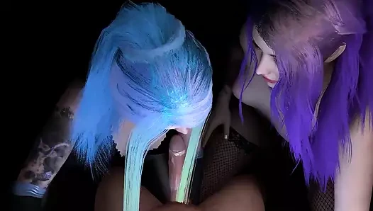 Parlak renkli saçlı iki kız çifte sakso çekiyor: 3 boyutlu porno kısa klip