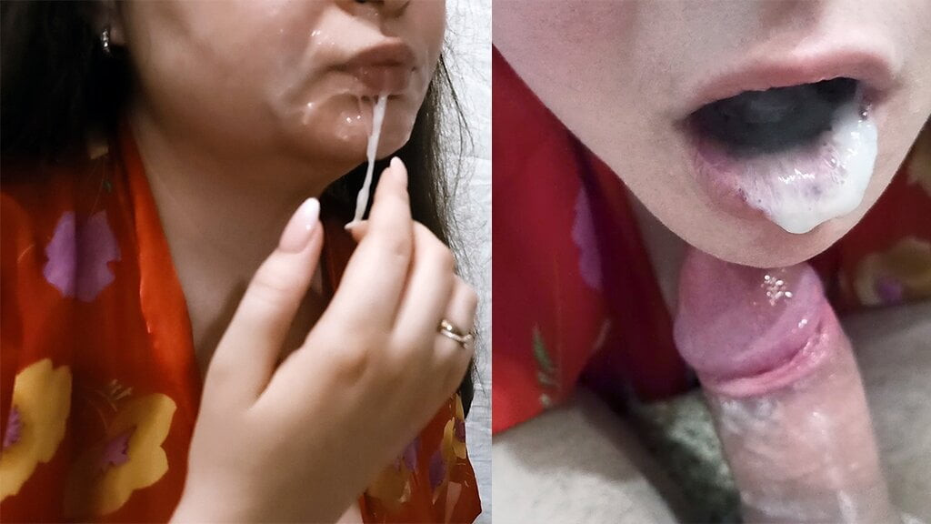 Yüze ve ağıza iki kez boşalmak. derin emmek ve sperm yedim