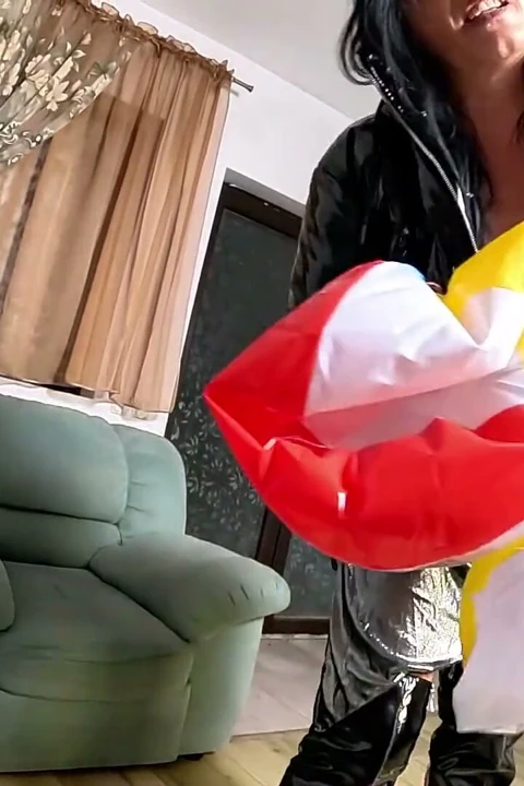 Glossy Downjacket MILF Beach Ball Fetish. Deepthroat, Popping, Riding and Double Cum
