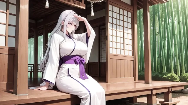 Gümüş saçlı miko tapınak sırları! Yarım düğmesiz beyaz kimono, diz çöküyor pozlar ve yoğun göz teması.