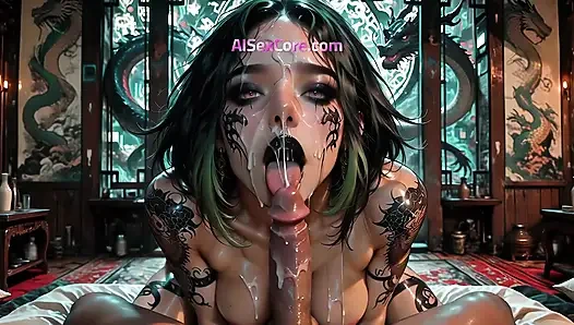 Dragon beauty uderza jej ciało na gruby kutas jęcząc głośno, jak spust tryska przez jej zgięty abs (AI Animation)