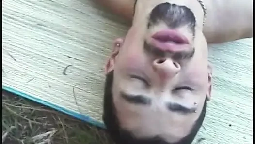 Blonde tranny wearing lingerie gets her ass fucked outdoors by male lover