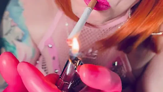 Sweet In Pink! Tina Snua Dressed In Pink Latex Gloves Smoking A Cork Cigarette - Snap Inhales Drifting Smoke OMI OME Dangles