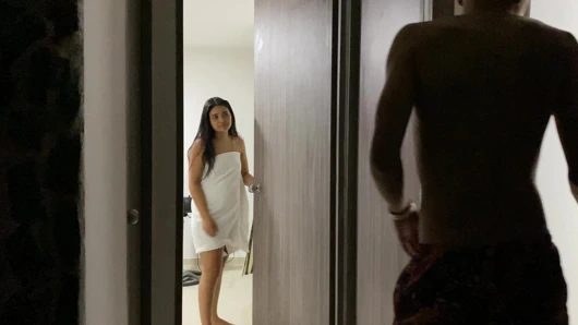 The stepsister doesn't want to spend the night alone and tells her stepbrother to accompany her