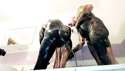 Amateur couple taking bath, hairy pussy wife, big ass, big tits. Amateur mom doing yoga naked