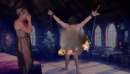 Bir dominatrix cadılar bayramı için bir cadıya dönüşüyor