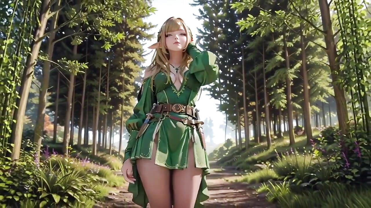 Forest Elf'in özel fantezisi! Yeşil omuz altı kıyafet, çırıltılı beyaz bir zemine karşı diz çöküyor ve kalçaları büküyor.
