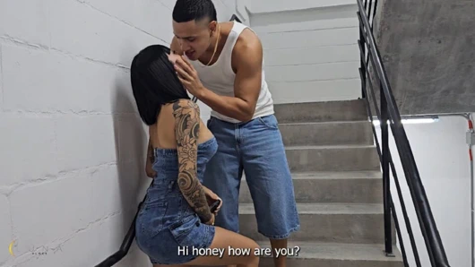 Hard sex with creampie on the public stairs of a building - Luna Vitaler and Max Betancur