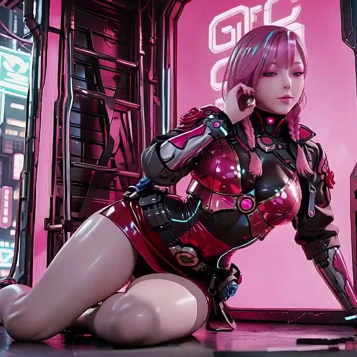 Pembe saçlı Cyperi hizmetçi neon kokpitte tembel uyanıyor
