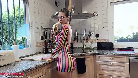 Stepsister eating a banana in my kitchen, I shouldn't have walked in