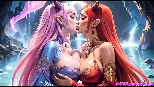 Lezbiyenler birlikte öpüşüyor, ai animasyonu