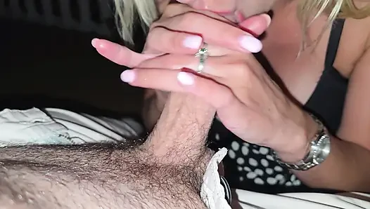 Busty wife gives me amazing blowjob before bed, huge cumshot in mouth