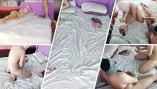 Amateur couple having crazy sex in the bedroom.