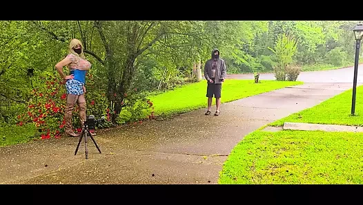Giant fake tits crossdresser behind the scenes photoshoot in public gettting caught