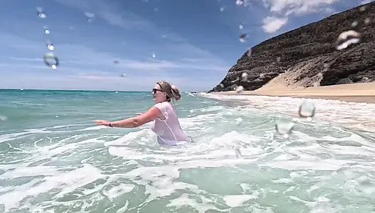 Girl Wetting Jeans in the Ocean and Swimming in Wet White T-shirt