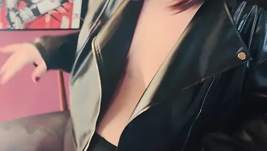 Topless Tina Snua Wearing A Leather Jacket & Pantyhose Smokes A Cork Cigarette -Smoking OMI OME Snap Inhales