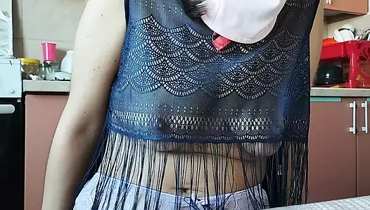 Naughty sexy milf tries on naked clothes. Latina hairy pussy tries on clothes in bed.