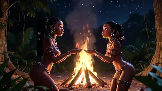 Şehvetli zenci kabile kadınları geceleri yağ ve kutsal toprakla kaplı dört ayak üzerinde ilk ateş ibadetini yapıyor