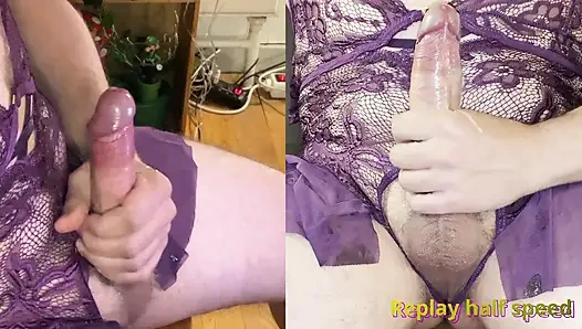 Man moaning masturbating uncut cock, sleeve masturbation and huge cumshot sitting wearing open crotch lingerie