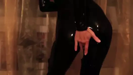 Benim lateks kızım siyah lateks catsuit uyluk yüksek çizmeler