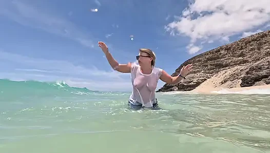 Girl Wetting Jeans in the Ocean and Swimming in Wet White T-shirt
