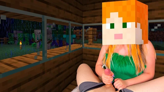 Minecraft'tan ateşli Alex rahat bir evde Steve'in sert yarağını sıvazlarken, ürperticiler ve iskeletler gece köyünde dolaşıyor