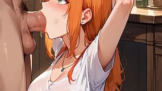 Anime ai karım mutfakta beni derin gırtlağına kadar baştan çıkarıyor ve tatlı için spermimi yutuyor