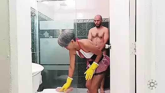 I love how my stepbrother's cock gets hard when he sees me cleaning.