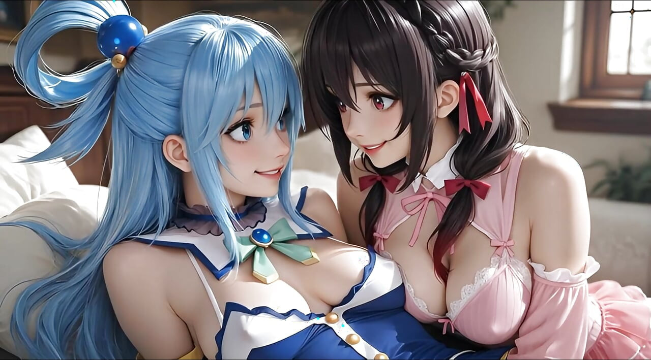 Konosuba soft show'dan sfw aqua ve yunyun lezbiyene dokunuyor ve öpüşüyor