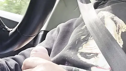 Straight guy gets horny and jerks off while driving, he almost got caught