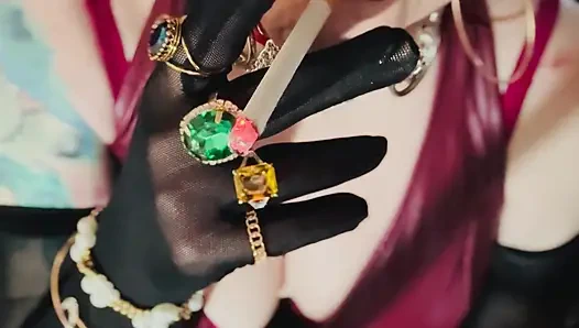 Red Leather & Cigarettes! Tina Snua Smoking A Cigarette Wearing Black Sheer Gloves & Jewelry