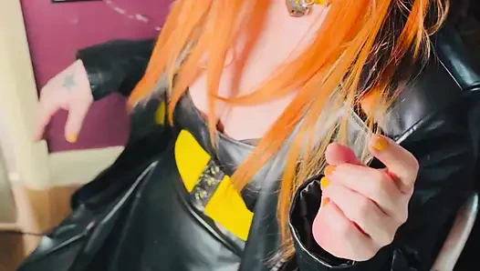 The Gothic Cutie Tina Snua Dressed In a Leather Coat & Smoking A Cork 100 Cigarette - Ginger Miss Smokes In A Leather Outfit OME