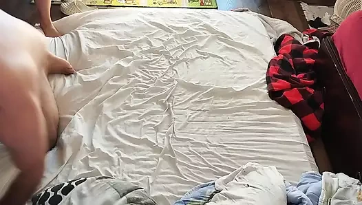 Foreplay in the bedroom with an amateur couple. Amateur MILF does naked yoga, hairy pussy, big ass, big tits.