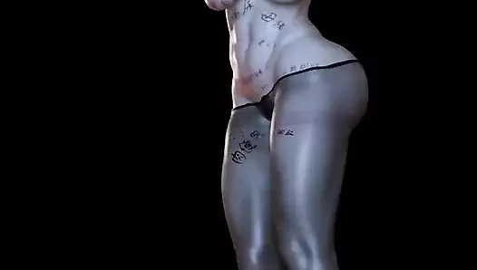 3 boyutlu azgın sürtük sarışın striptizci çıplak büyük göğüsleri yeni dövmesini gösteriyor