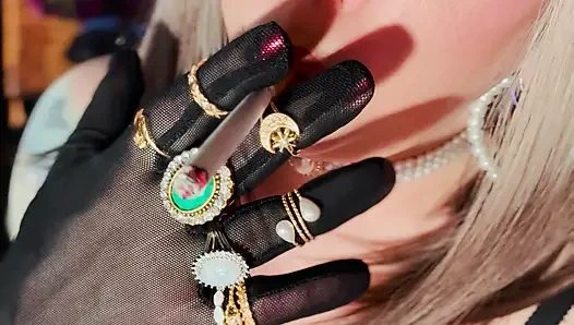 Nylon British Mature Tina Snua Smoking A Cigarette In Nylon Elbow Gloves & Jewellery - Smoker OMI OME Snap Inhale Drifting