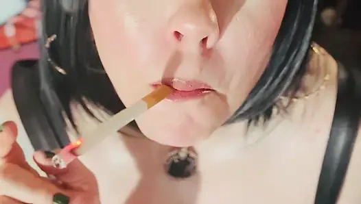 All In Black Leather Miss Tina Snua Smoking A Cork 100 Cigarette - Drifting nap Inhales Smoke Rings OME OMI