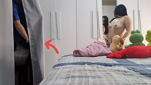 The stepfather really wanted to see his stepdaughter naked! But she catches him masturbating behind the curtain