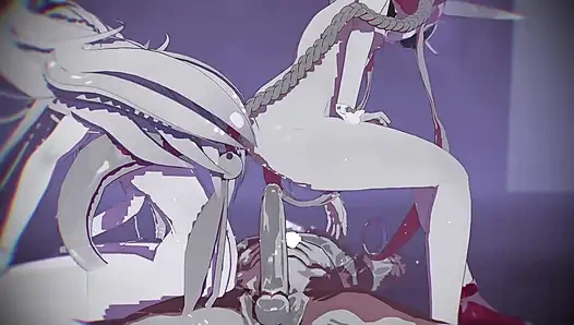 MMD R18 Koramiral ve Yamakaze ve Ekaze onu bir succubus hentai olması için eğittiler